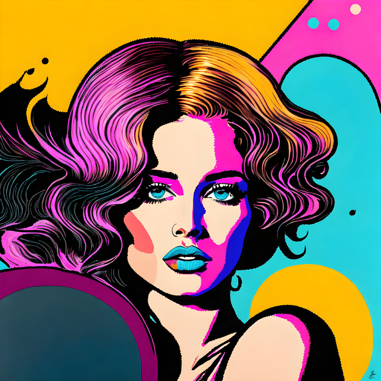 Vibrant pop art portrait of a woman with flowing hair