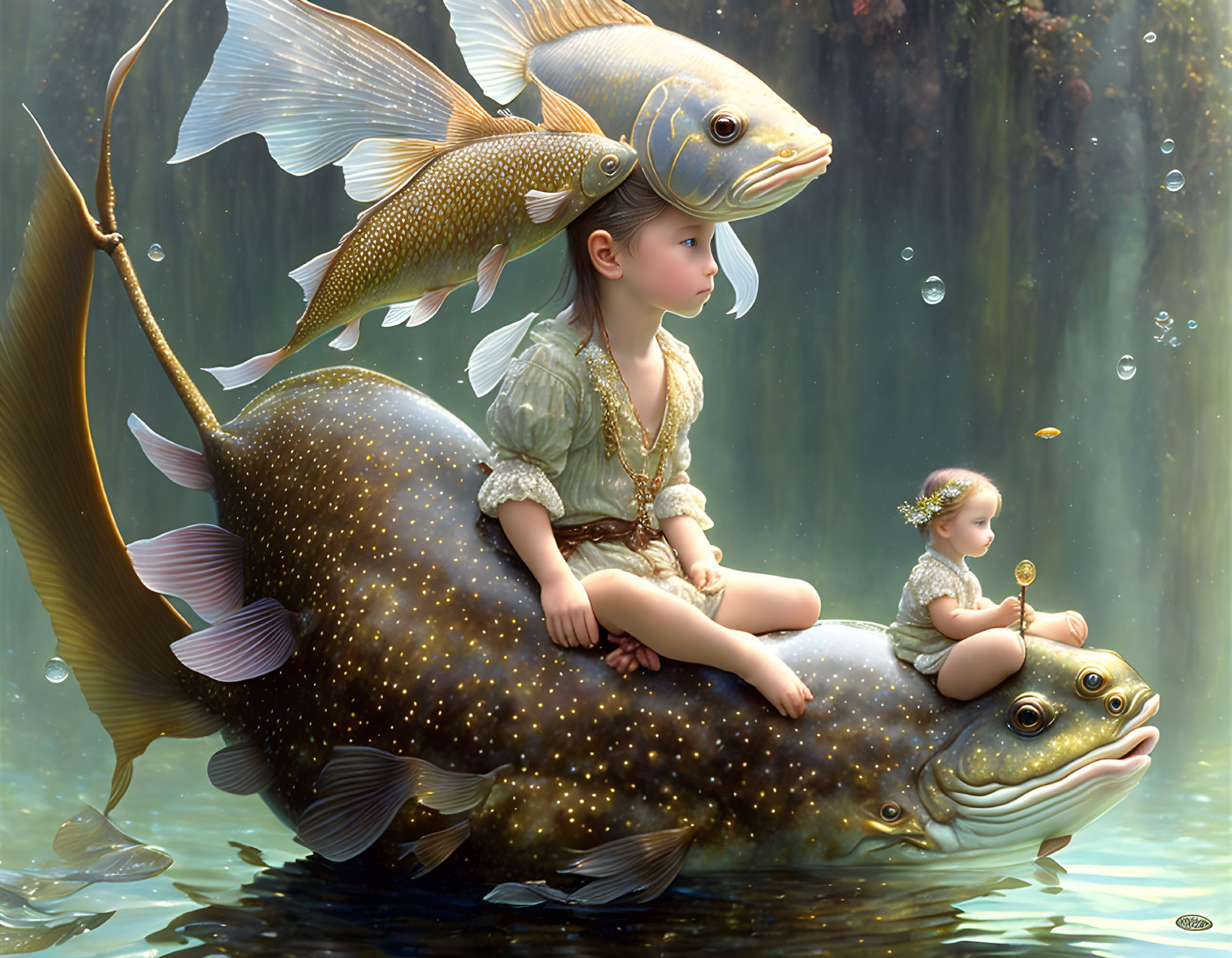 Children riding giant fish in serene underwater scene