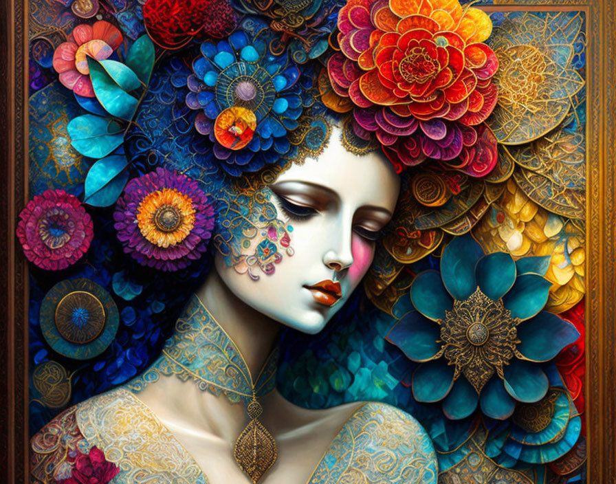 Colorful Floral Patterns Surrounding Woman's Face