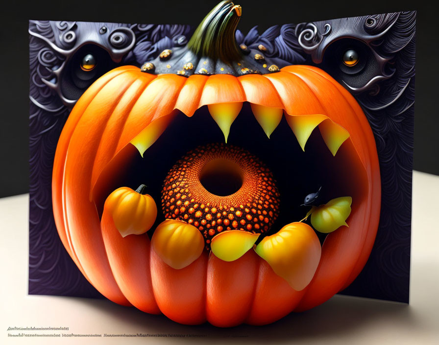 Detailed illustration of menacing pumpkin with eye-like pattern and stylized wings