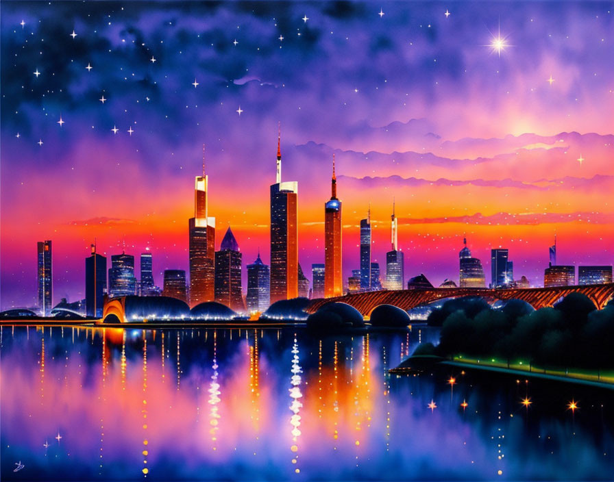 Colorful Dusk Cityscape with Skyscrapers and River Reflections