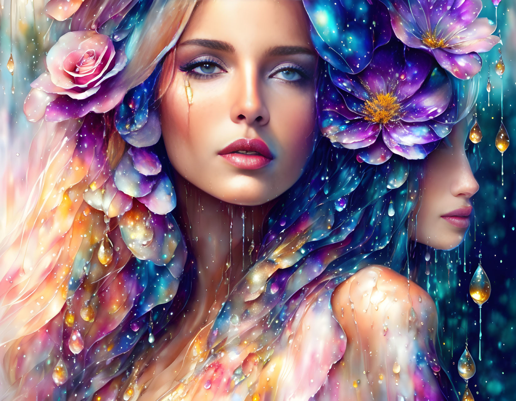 Vibrant surreal portrait of two women with multicolored flowers