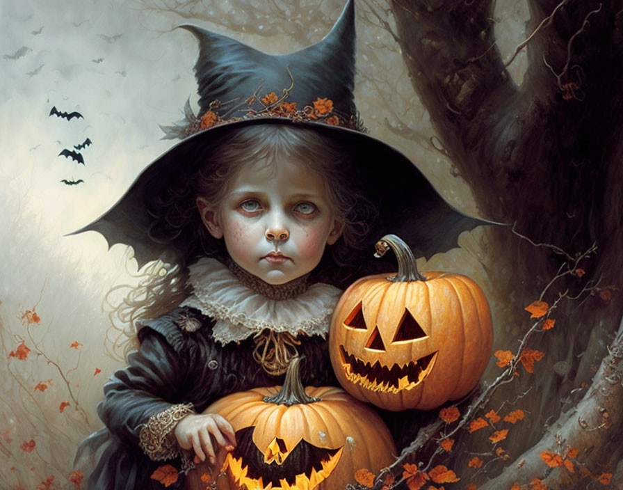 Young girl in witch costume with jack-o'-lanterns, bats, and autumn scenery.