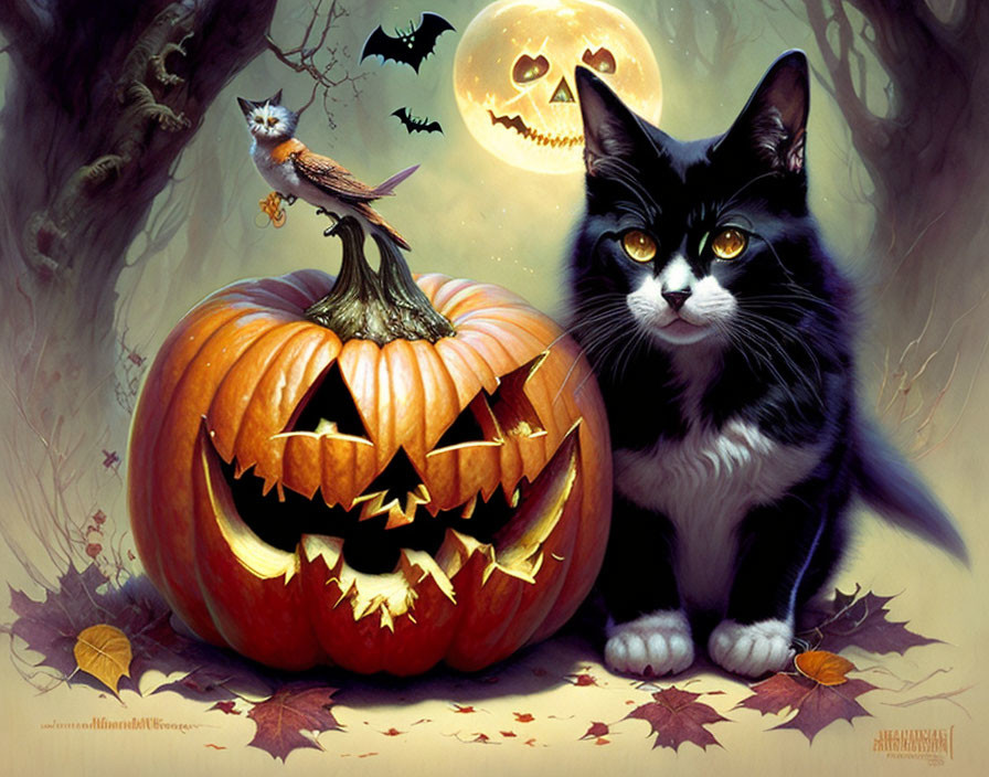 Black and white cat with pumpkin, spooky tree, owl, moon, bat silhouette