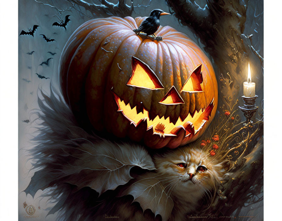 Glowing jack-o'-lantern with crow, cat, candle, and bats in spooky setting