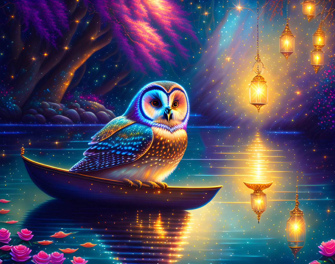 Colorful owl in small boat on starlit waterway with lanterns & pink flowers