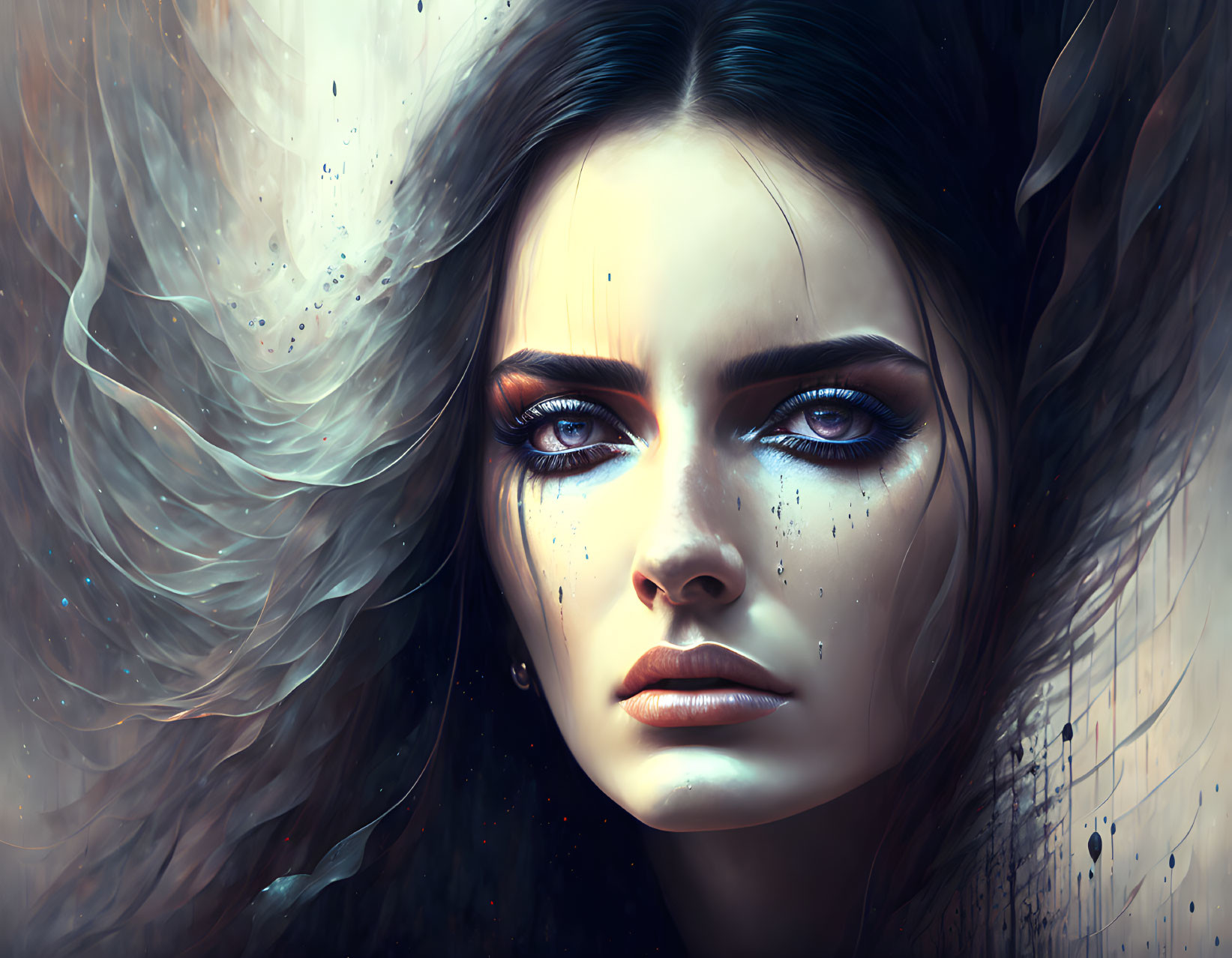 Digital painting of woman with intense blue eyes and teardrops on face against abstract blue and brown backdrop