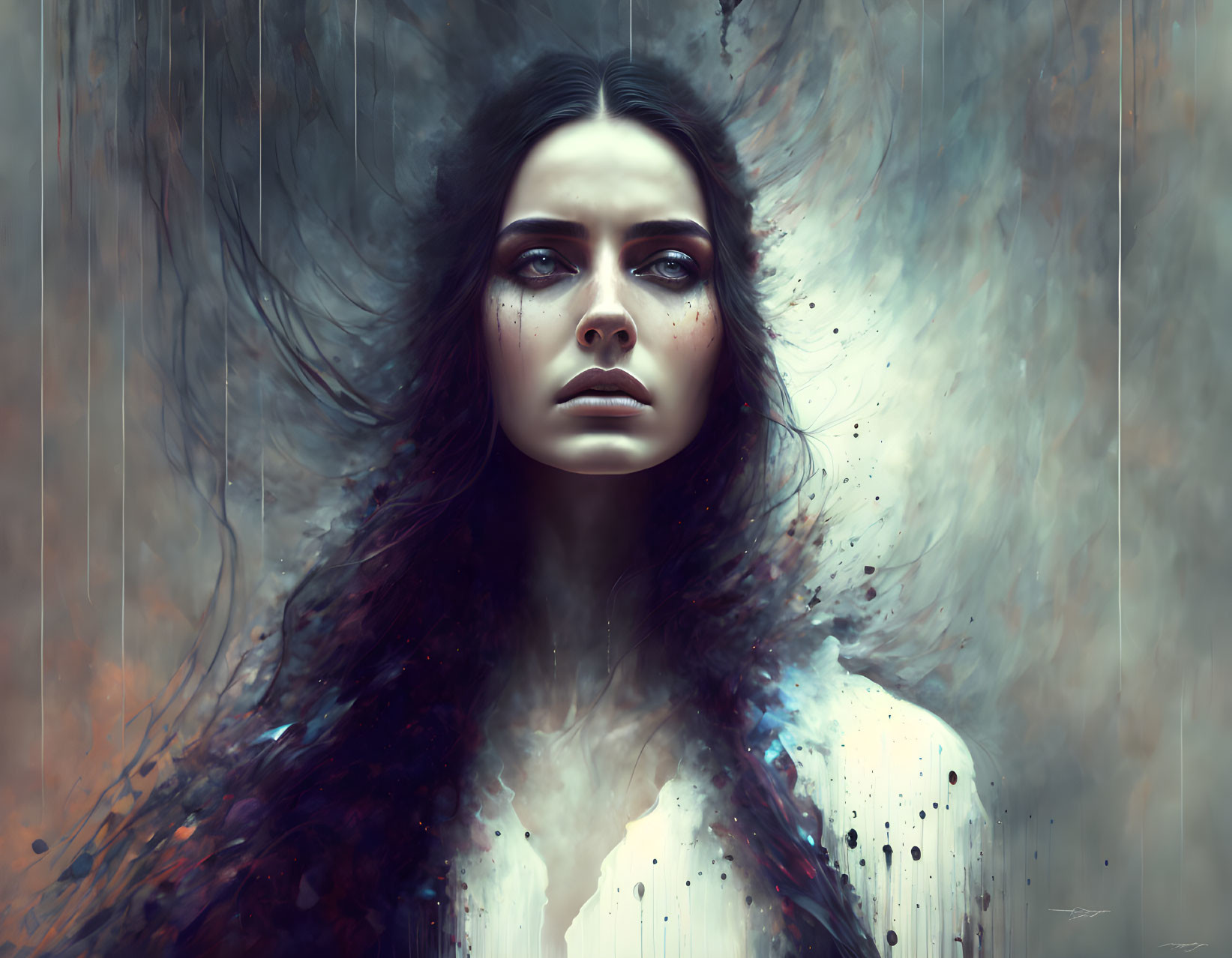 Dark-haired woman with blue eyes in digital artwork against rain-streaked backdrop