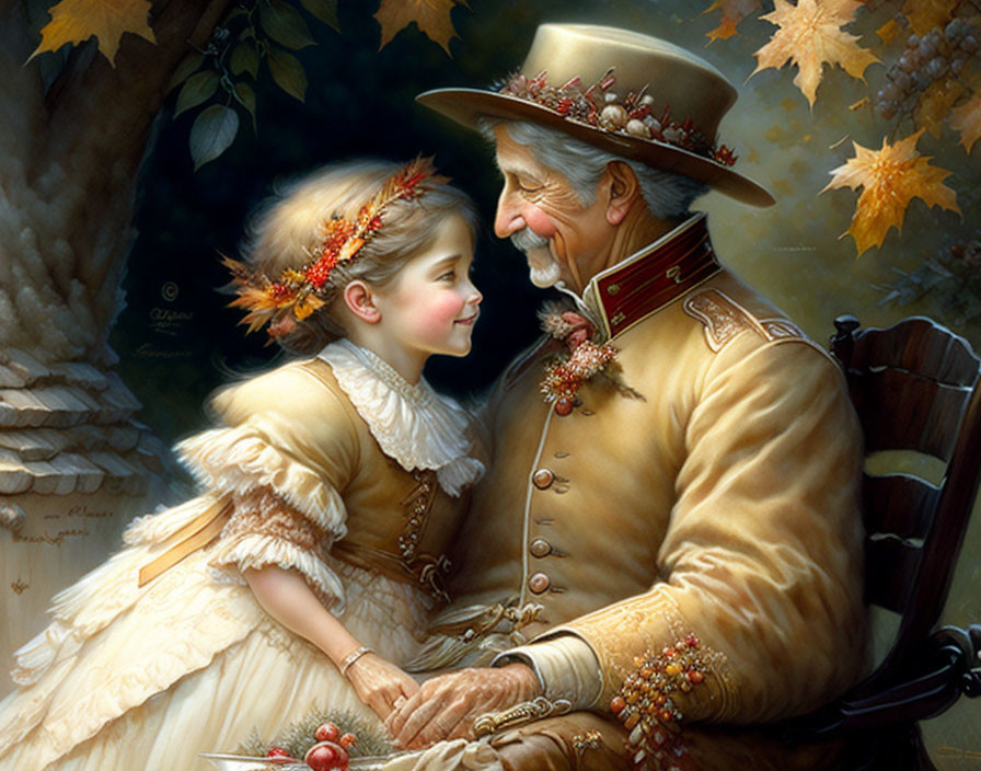 Elderly man in decorated uniform with young girl in beige dress adorned with autumn leaves.