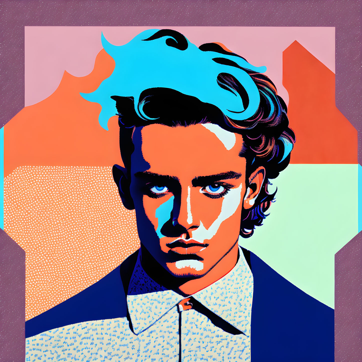 Colorful pop art portrait of young man with blue hair and patterned shirt against geometric backdrop