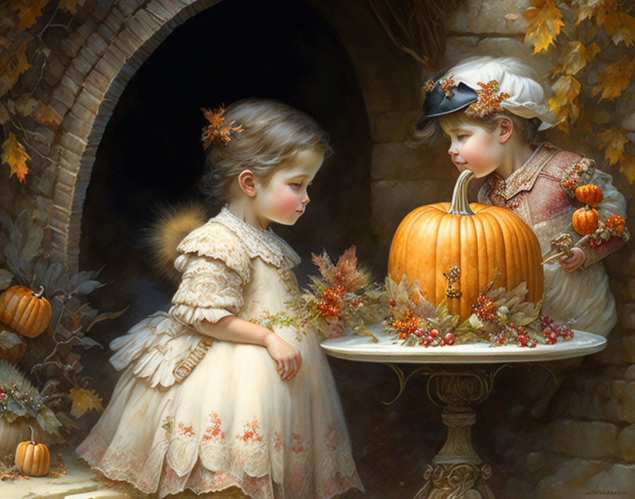 Vintage-attired children admire large pumpkin with autumn leaves in scenic setting