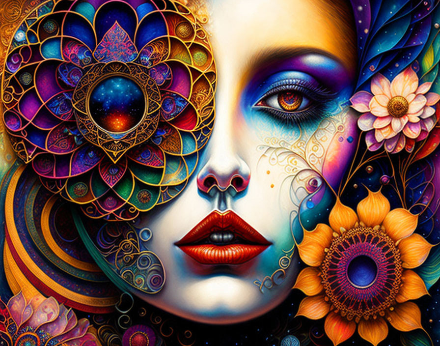 Colorful cosmic and floral woman's face art with rich hues and intricate designs