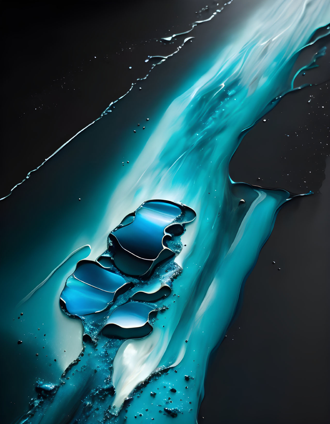 Blue liquid splash with swirling texture on dark background