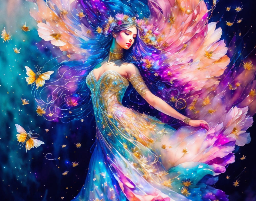 Colorful Digital Artwork: Fairy with Iridescent Wings and Butterflies