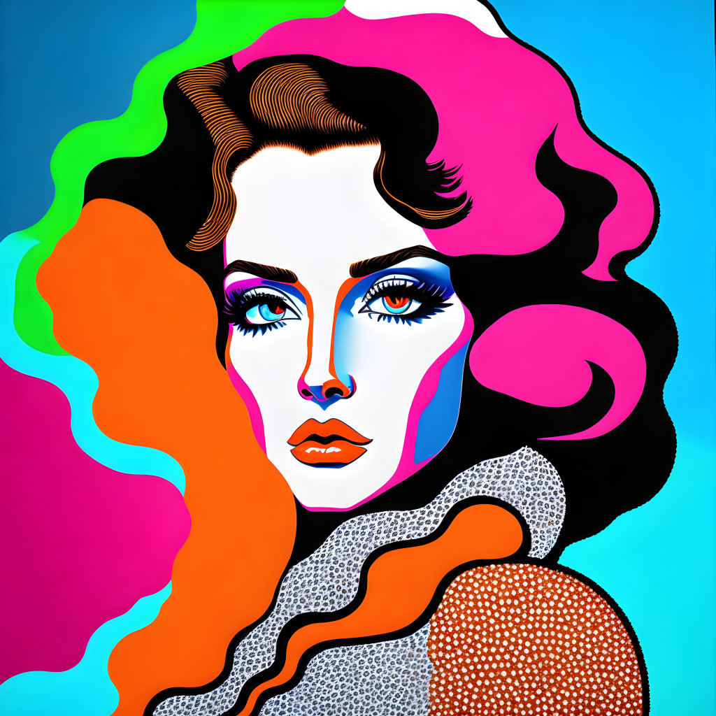 Vibrant pop art portrait of a woman with exaggerated features on blue background