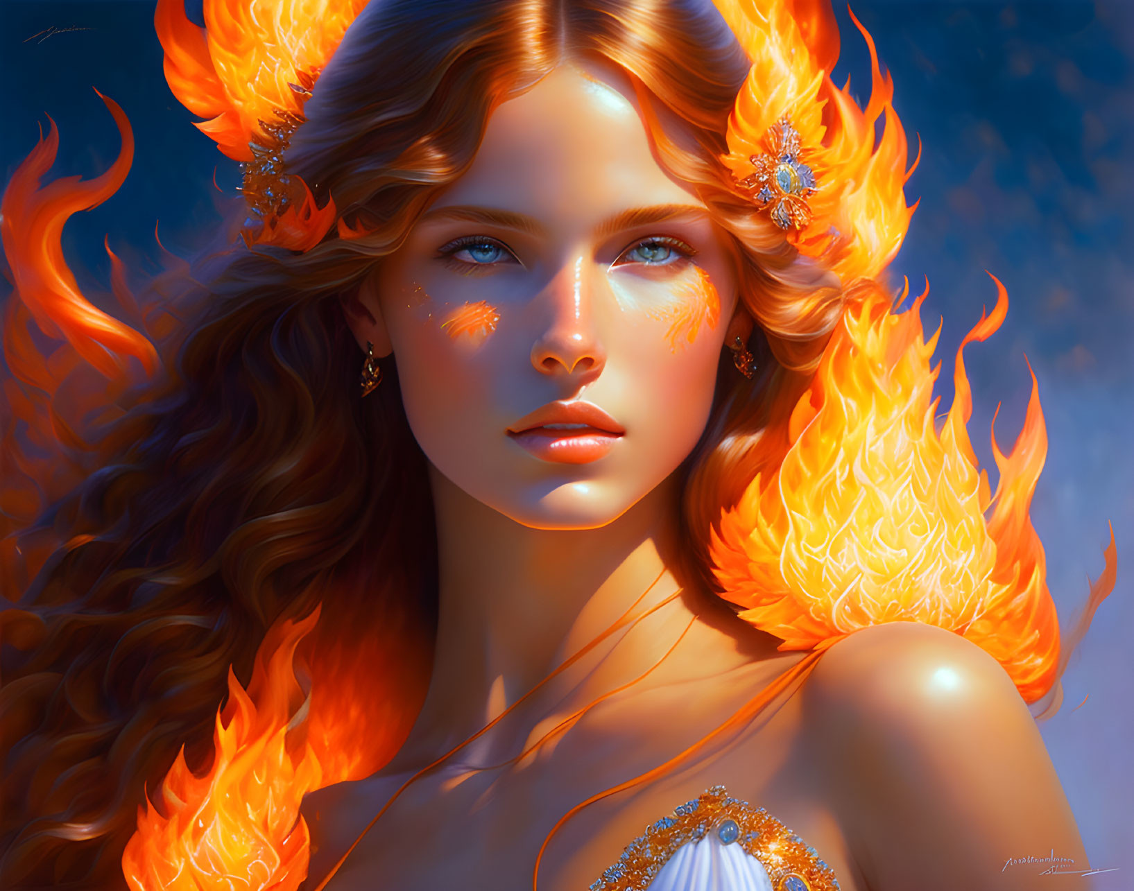 Digital artwork: Woman with fiery orange hair, blue eyes, gold accessories on blue background