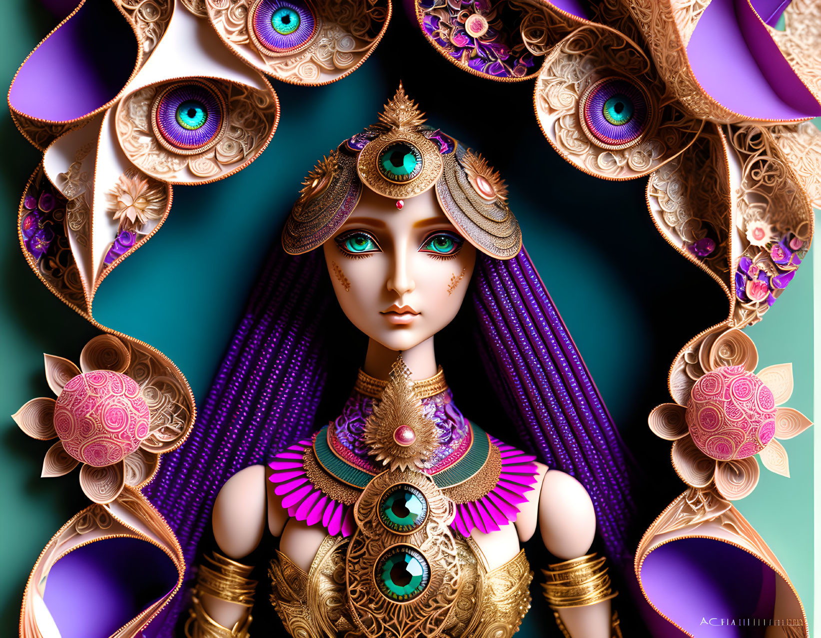 Stylized female figure with purple hair and peacock motifs on teal background