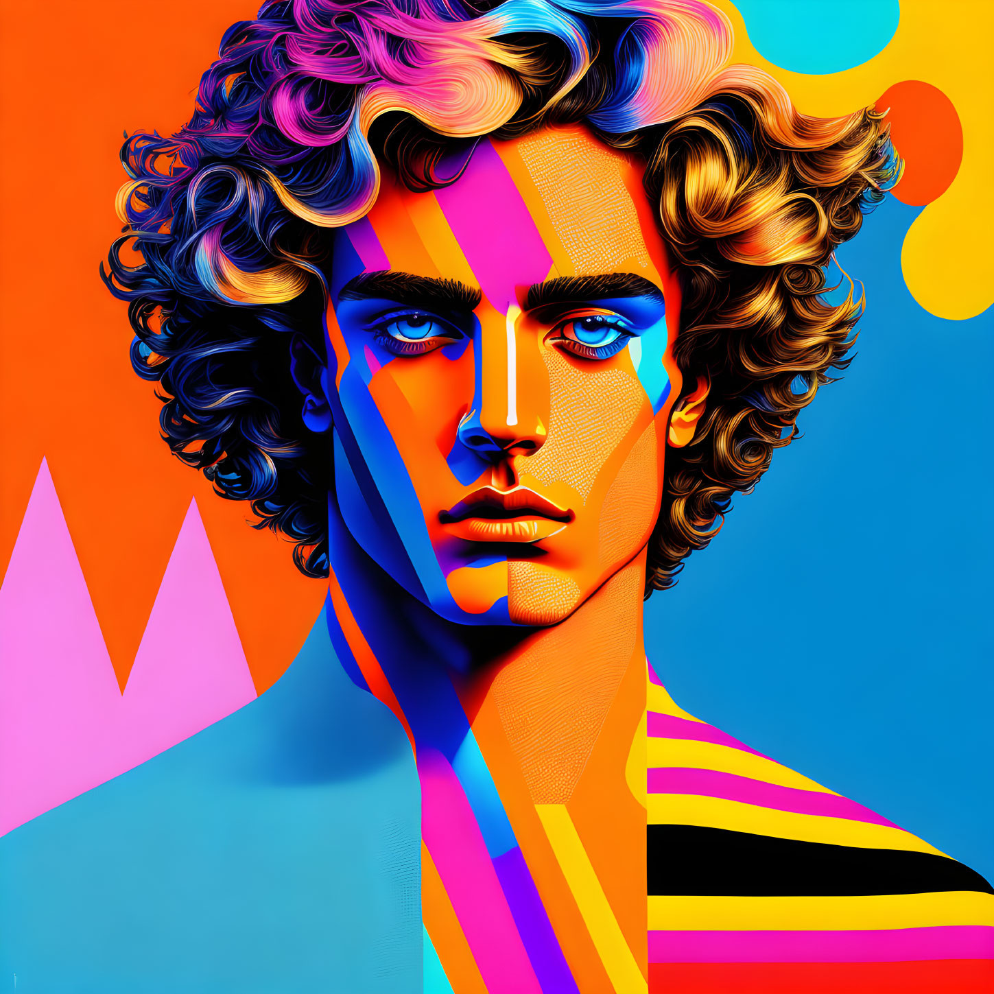 Colorful digital portrait of a male face with curly hair and abstract geometric elements.