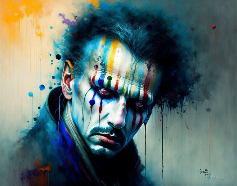 Man with Paint Streaks: Vivid Portrait in Blue, Yellow, and Red