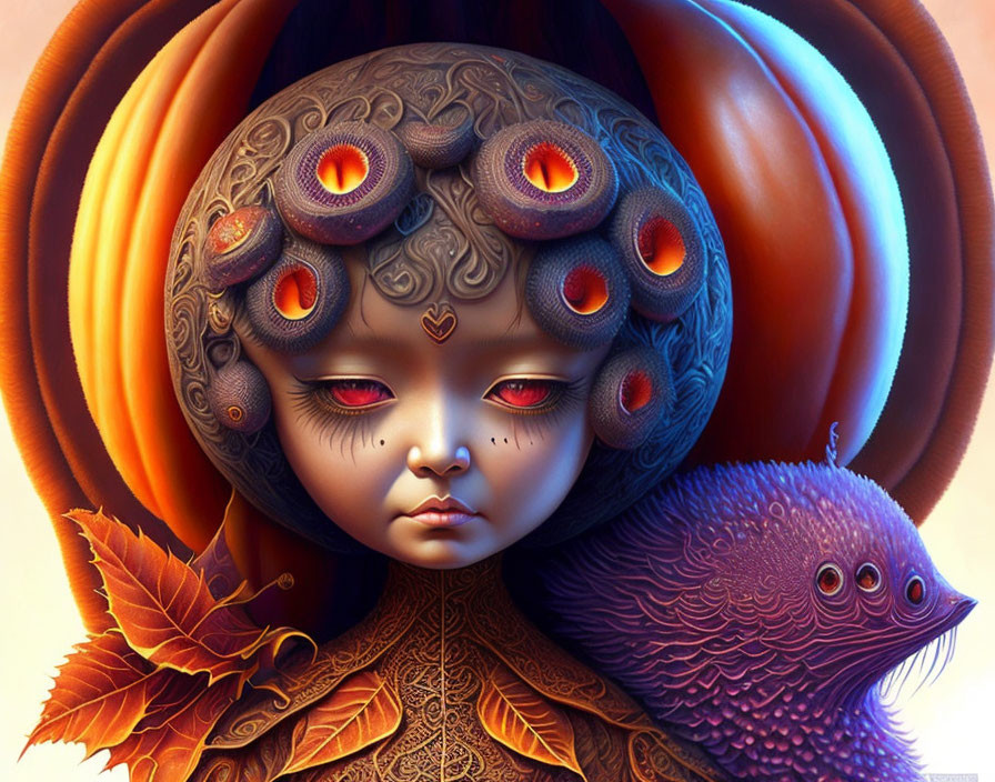 Surreal illustration of child with ornate eye headdress and purple creature