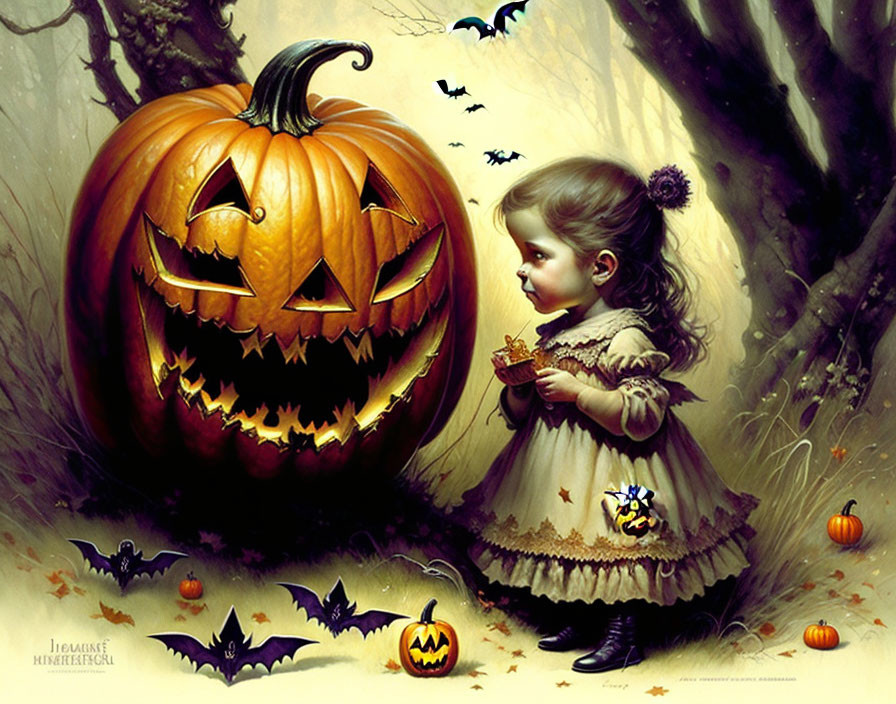 Young girl in vintage dress near large carved pumpkin in whimsical autumn forest