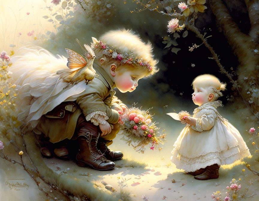 Illustration of young fairies in flower forest reading letter