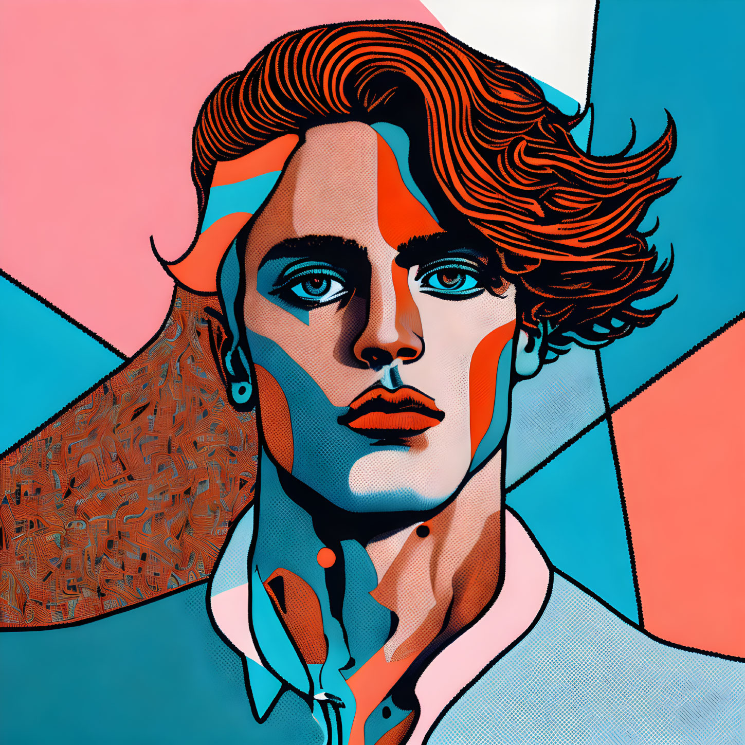 Digital portrait of person with wavy hair and abstract face paint on geometric backdrop