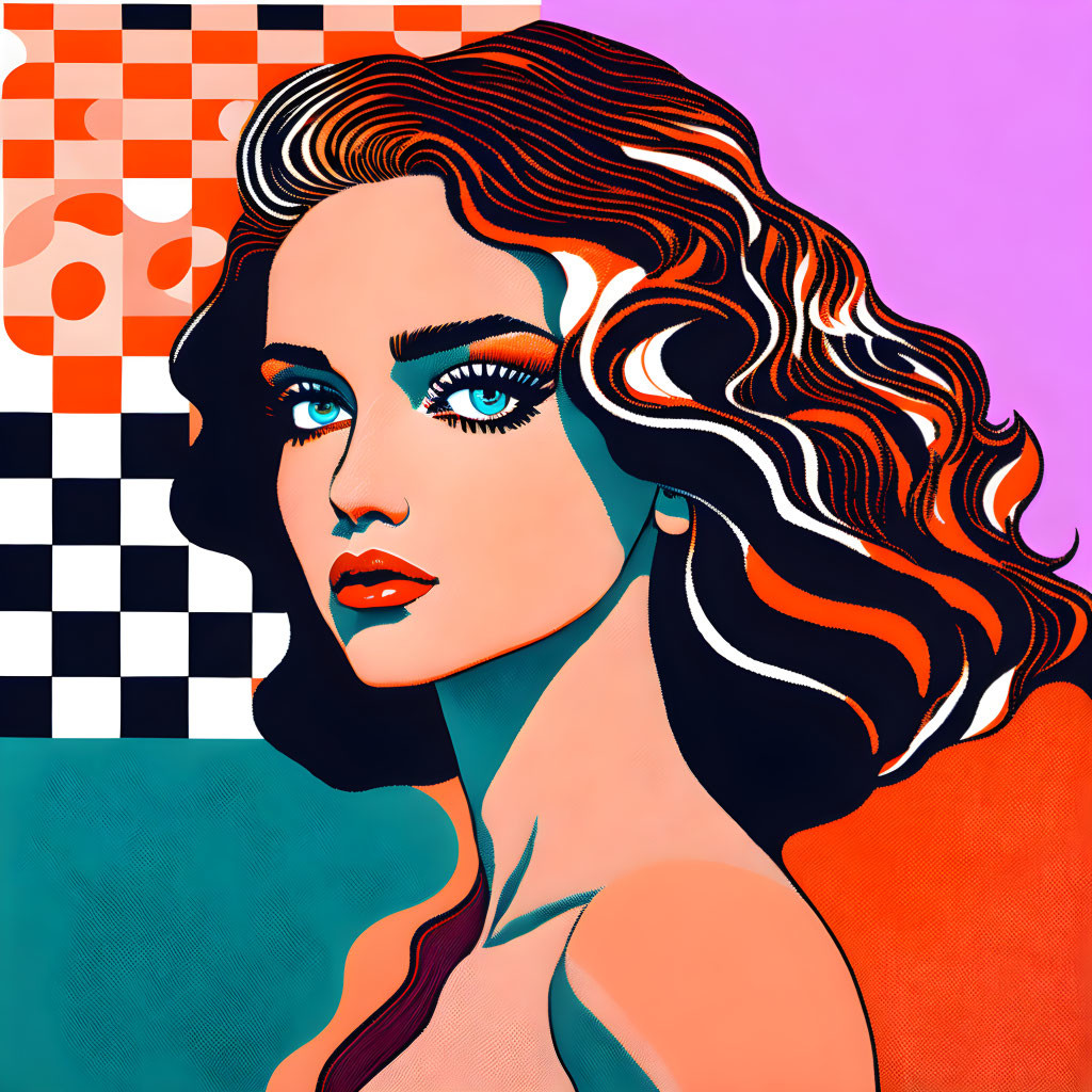 Vibrant Pop Art Woman with Wavy Hair and Blue Eyes