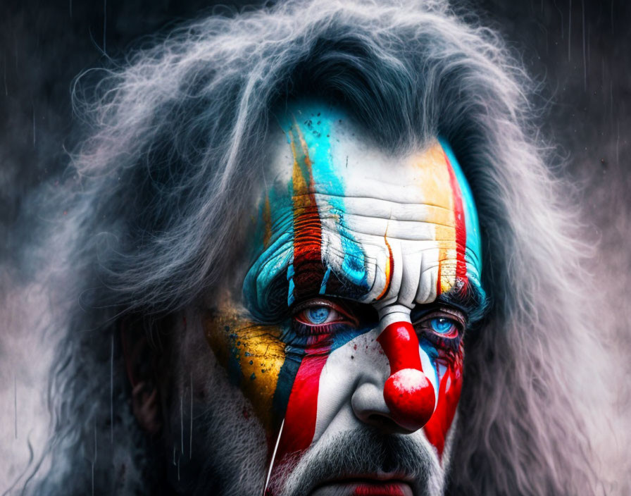 Intense-eyed man with dramatic clown makeup and wild grey hair