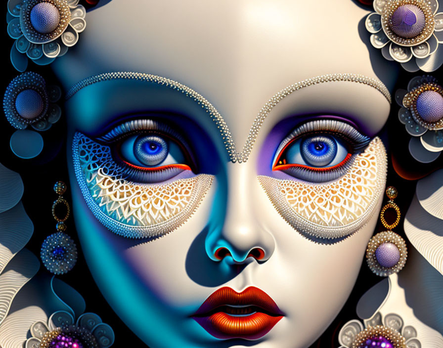 Surreal digital art: Hyper-detailed face with intricate lace patterns