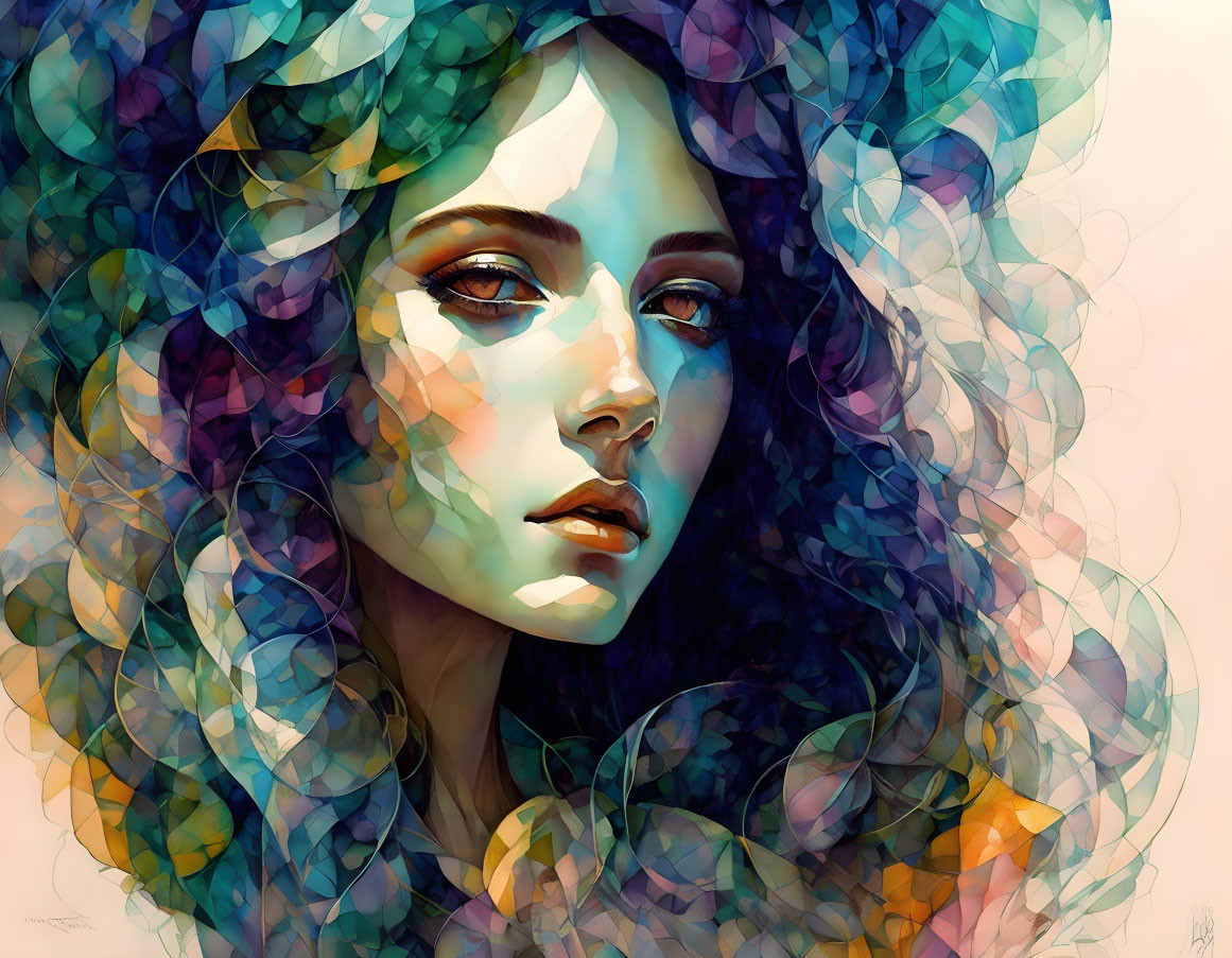 Colorful digital artwork: Woman with flowing multicolored hair and dreamy expression