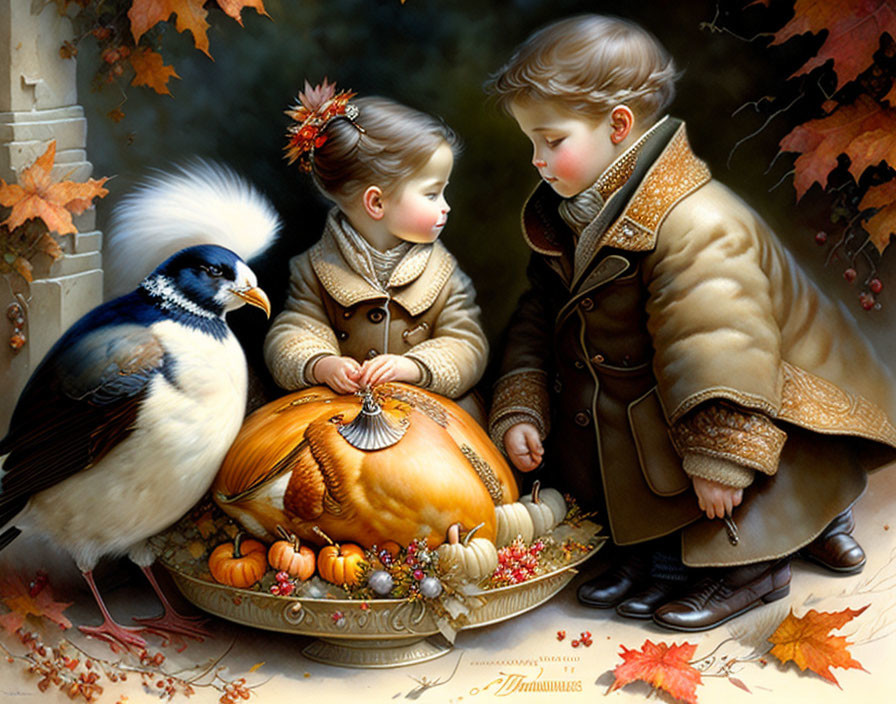 Children in autumn outfits with pumpkin and magpie in fall setting.