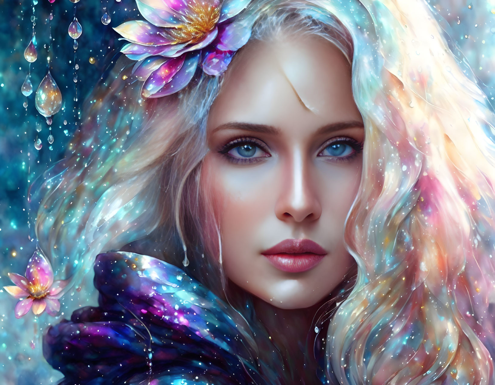 Multicolored hair woman with lotus surrounded by sparkles and water