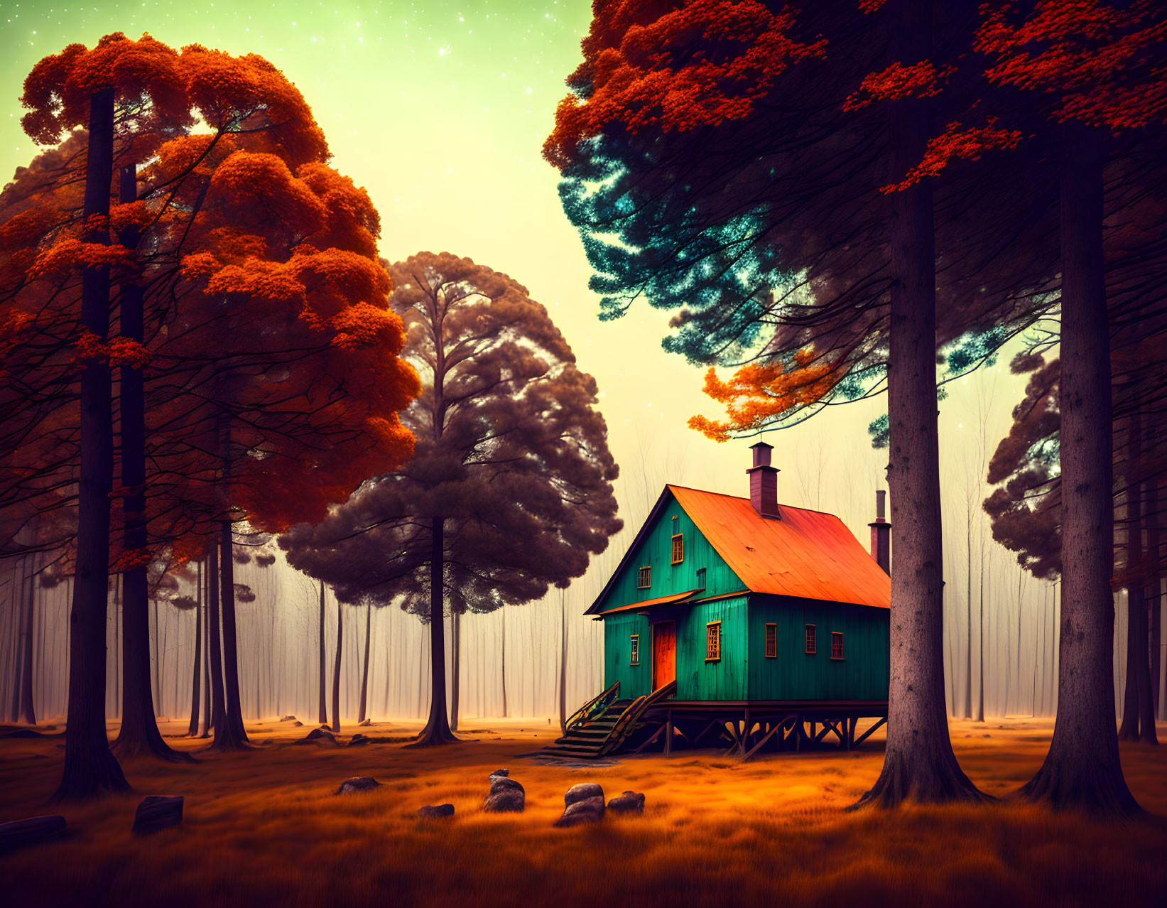 Quaint Green House with Red Roof in Autumnal Forest