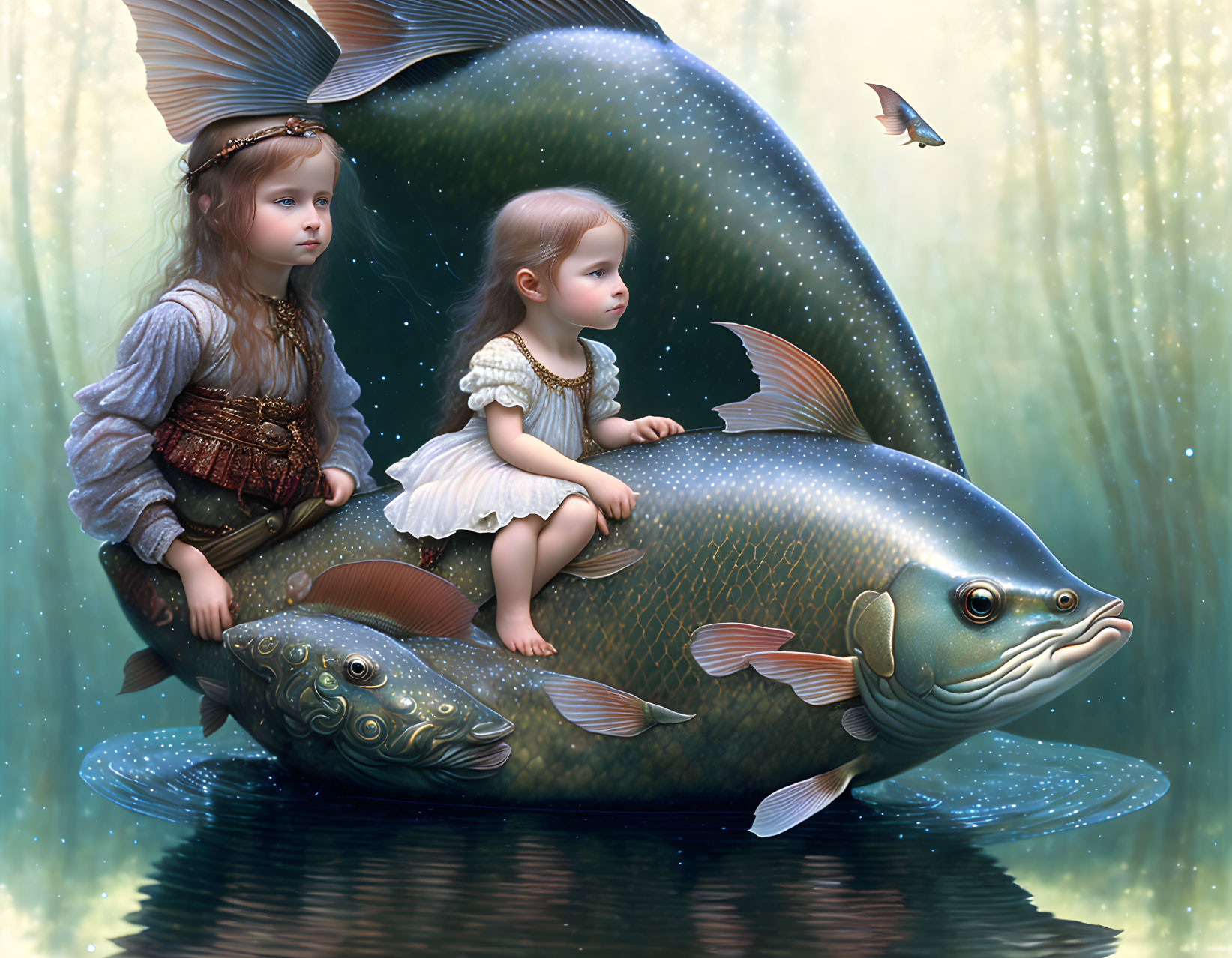 Two young girls in historical clothing on giant fish underwater