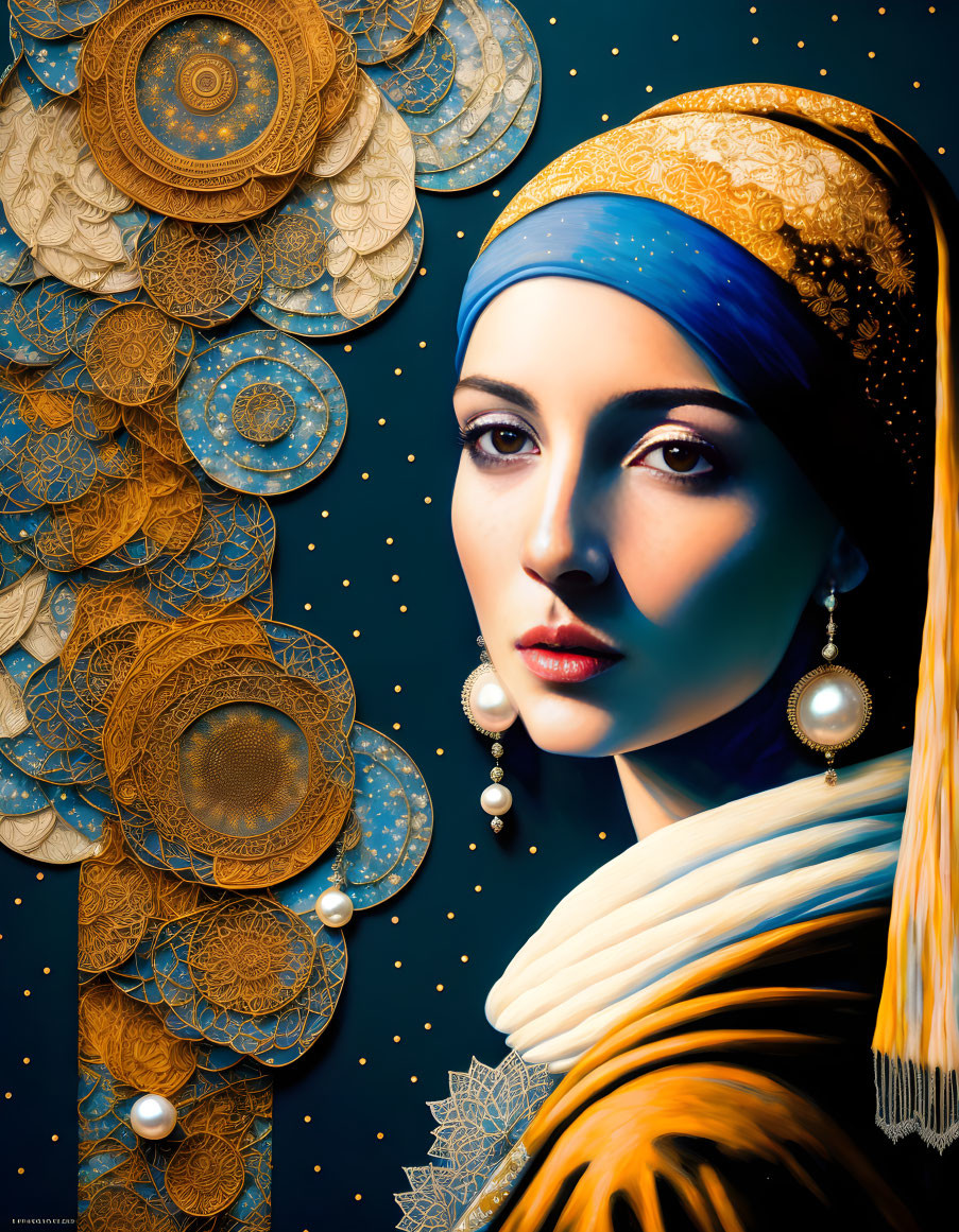 Stylized portrait of woman in blue headscarf with golden adornments