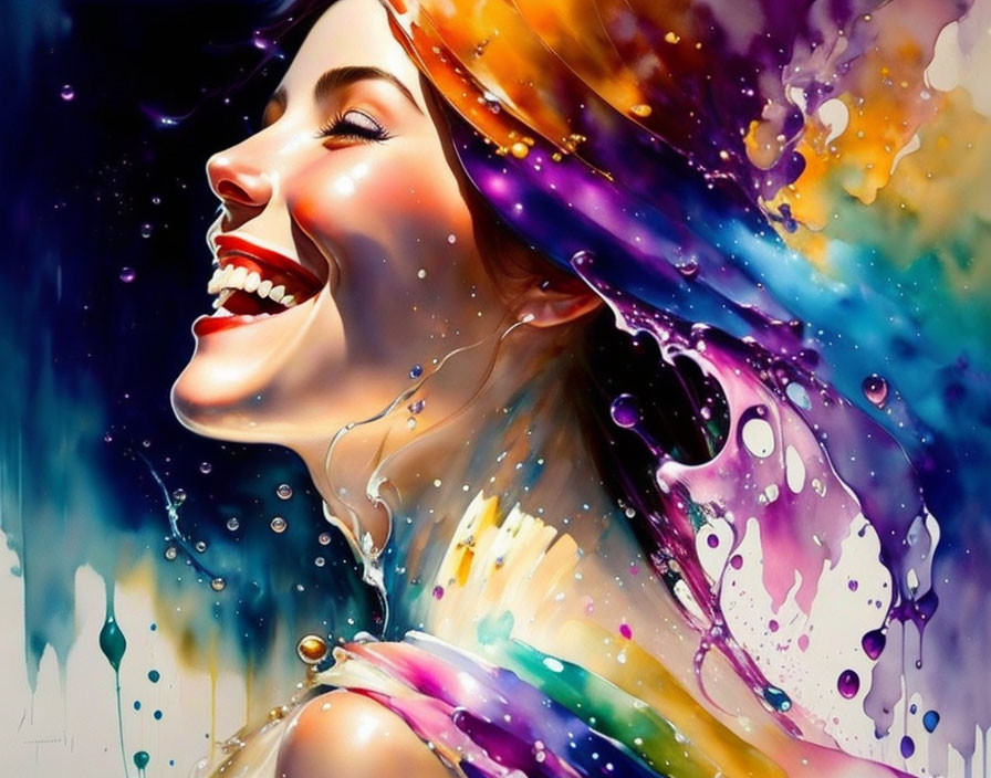 Colorful Abstract Watercolor Artwork of Laughing Woman