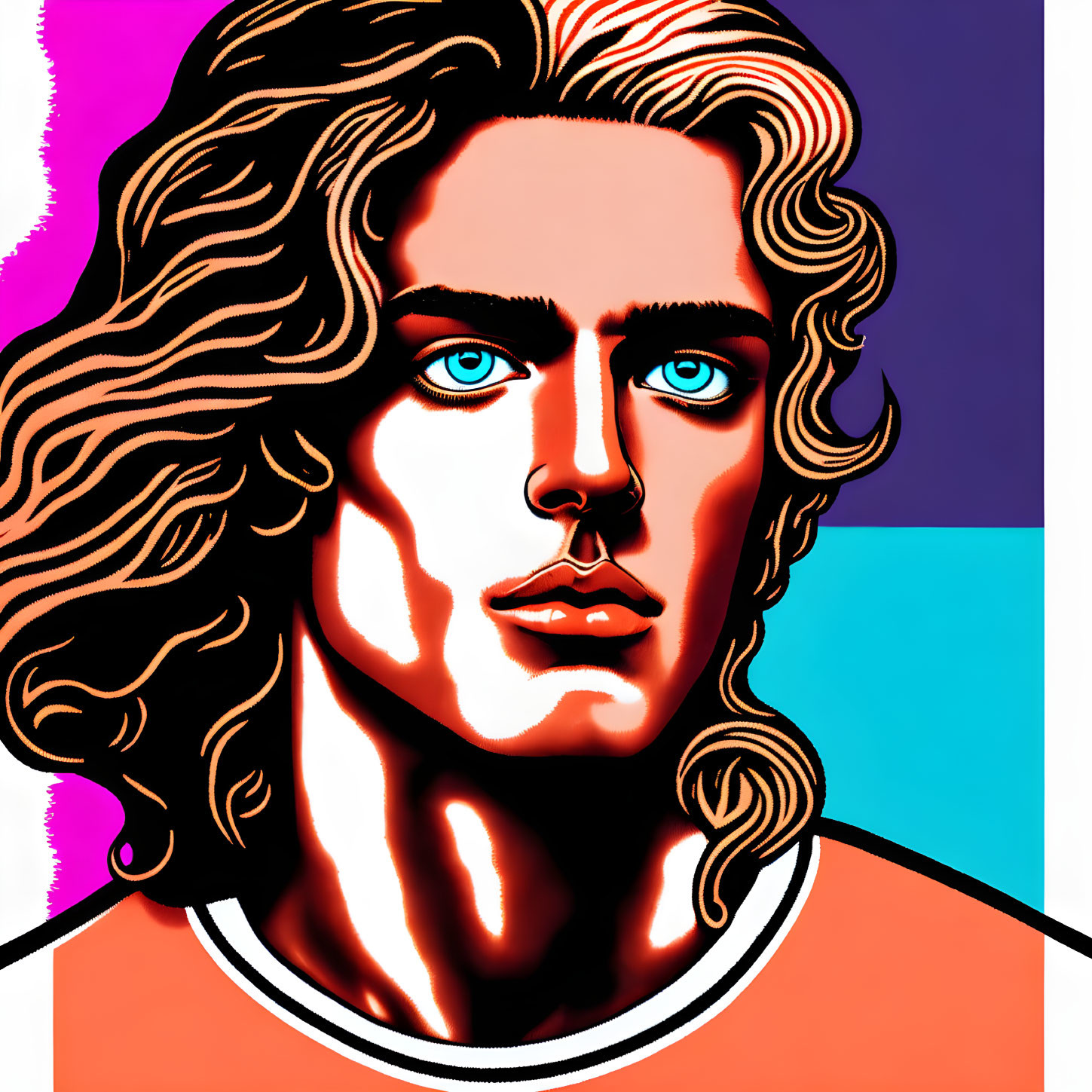 Stylized digital portrait with wavy hair and blue eyes