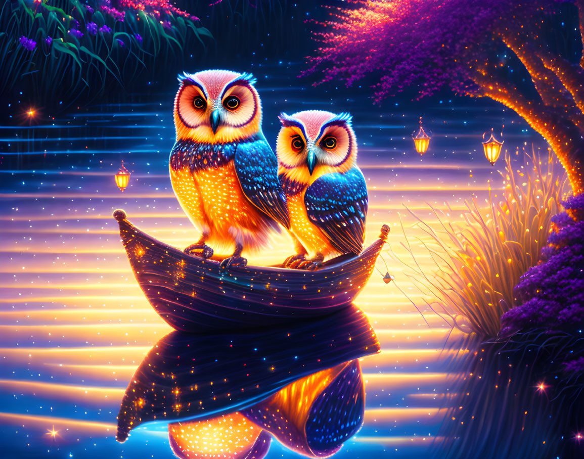 Colorful Owls in Boat with Starry Night Background and Glowing Lanterns