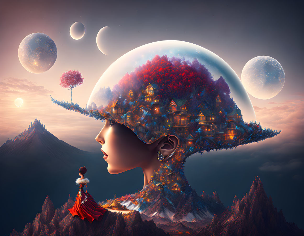 Woman in red dress observes surreal landscape with transparent head filled with nature and architecture, moons and planets in