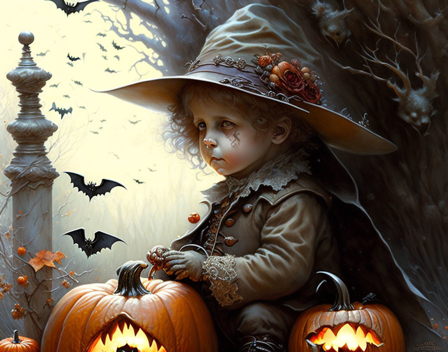 Child in witch costume with pumpkins and bats under moonlit sky