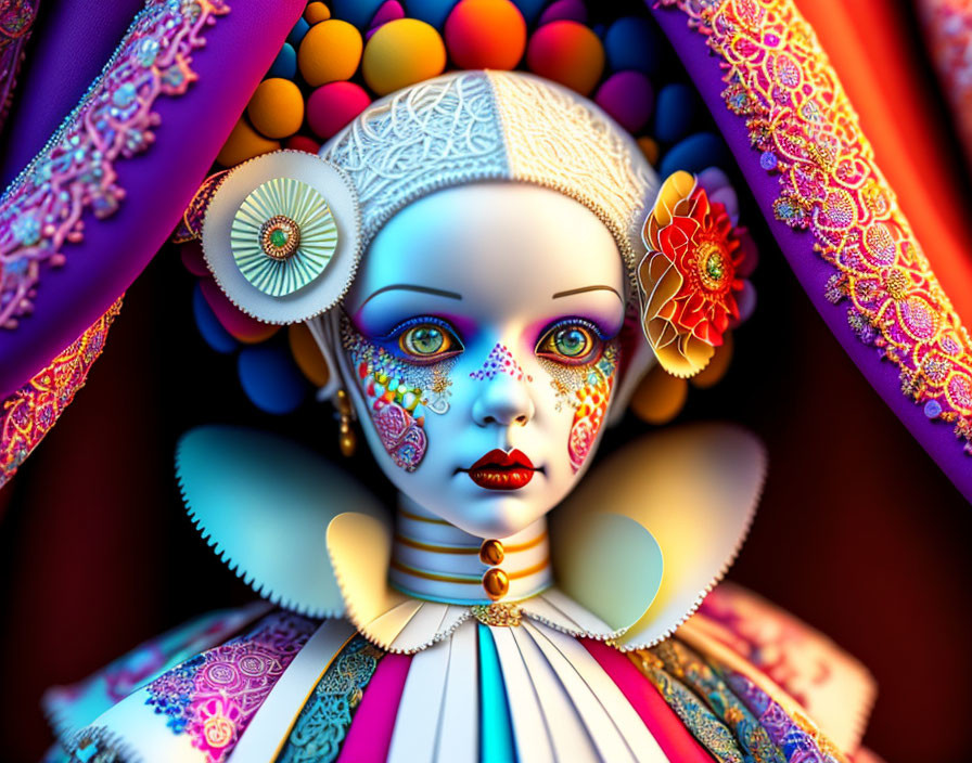 Vibrant digital art: stylized female figure in futuristic Elizabethan attire.