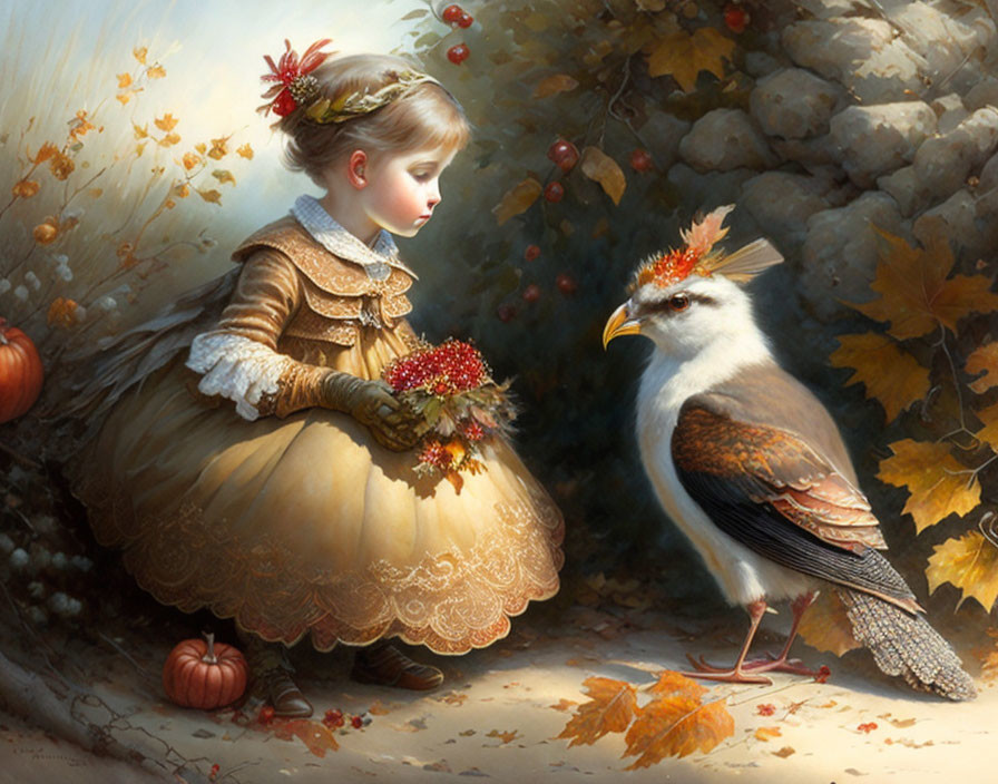 Young girl in vintage dress with large bird, bouquet, pumpkins, autumn leaves