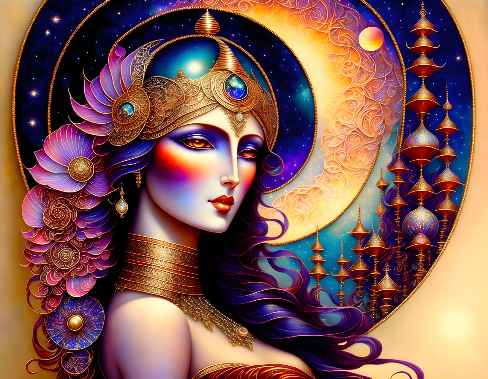 Illustration of mystical woman with ornate jewelry in celestial setting