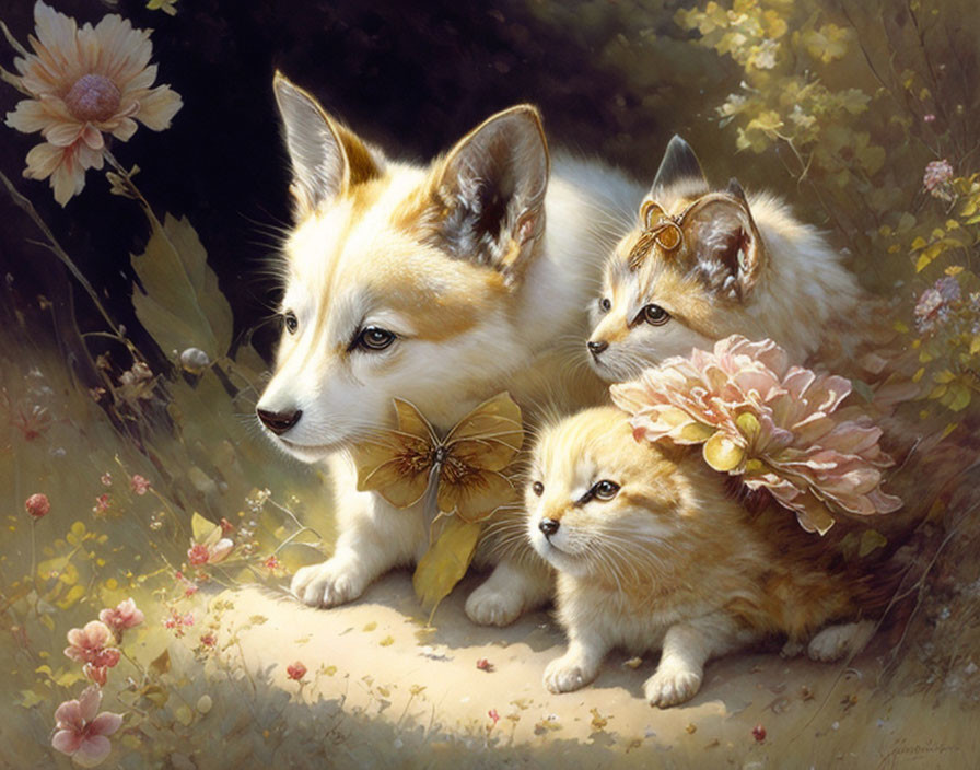 Adorable corgi puppies with flowers and bows in serene foliage