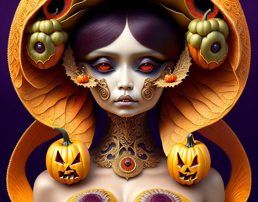 Digital artwork: Woman with Halloween-themed pumpkin earrings, ornate collar, gothic makeup palette