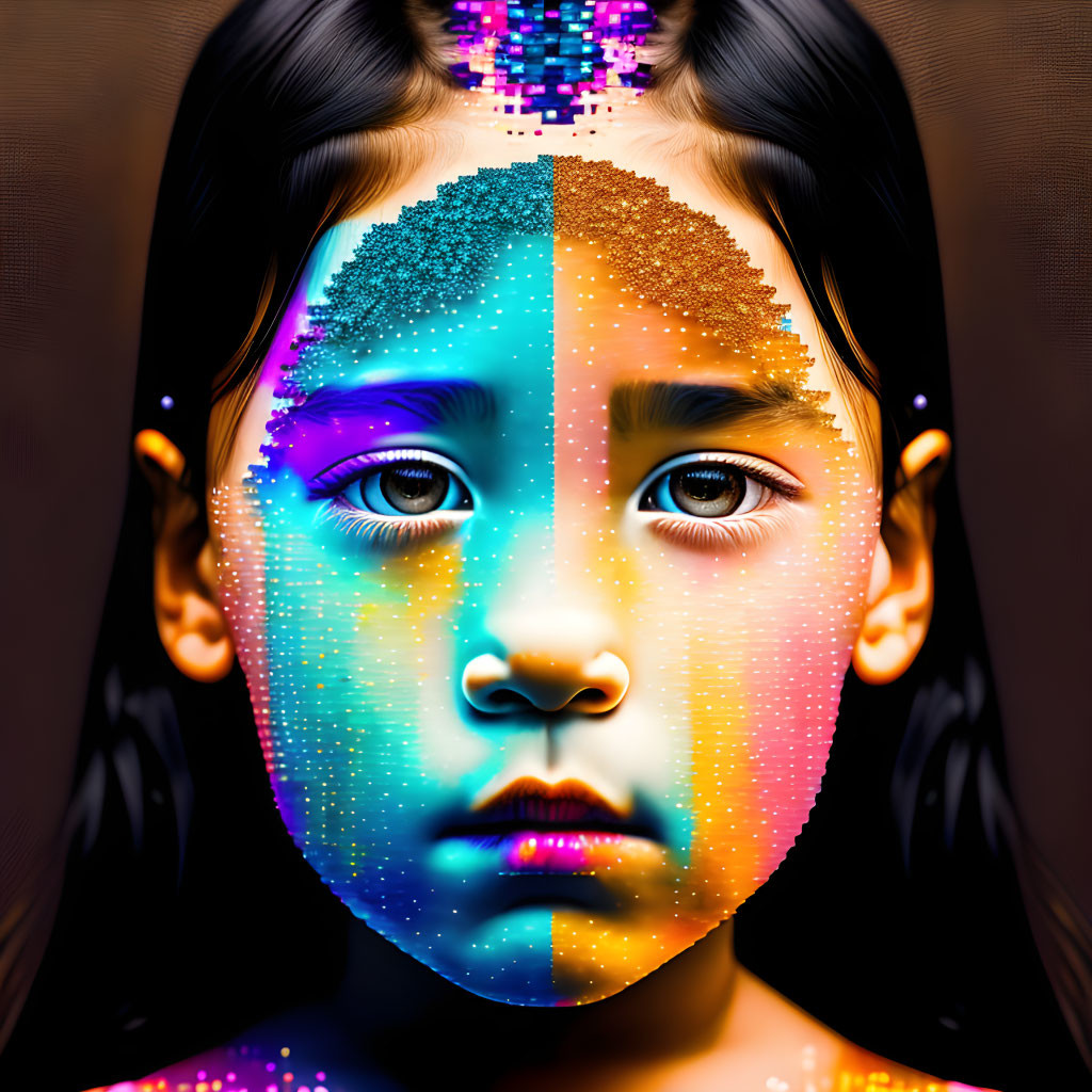 Colorful pixelated rainbow overlay on girl's portrait