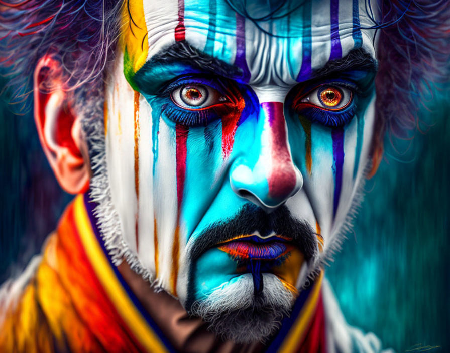 Vibrant face paint in blue, white, and red with multicolored costume.