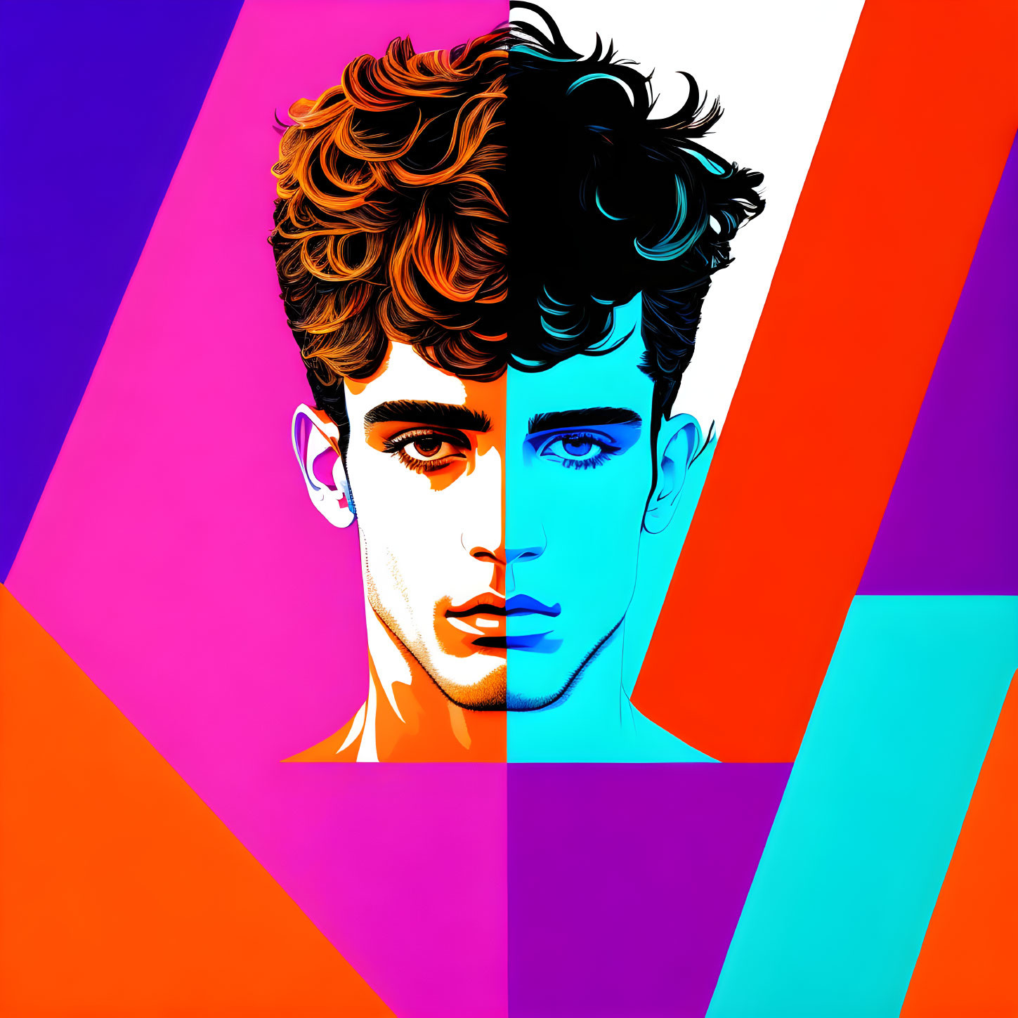 Vibrant pop art portrait with contrasting halves on geometric backdrop