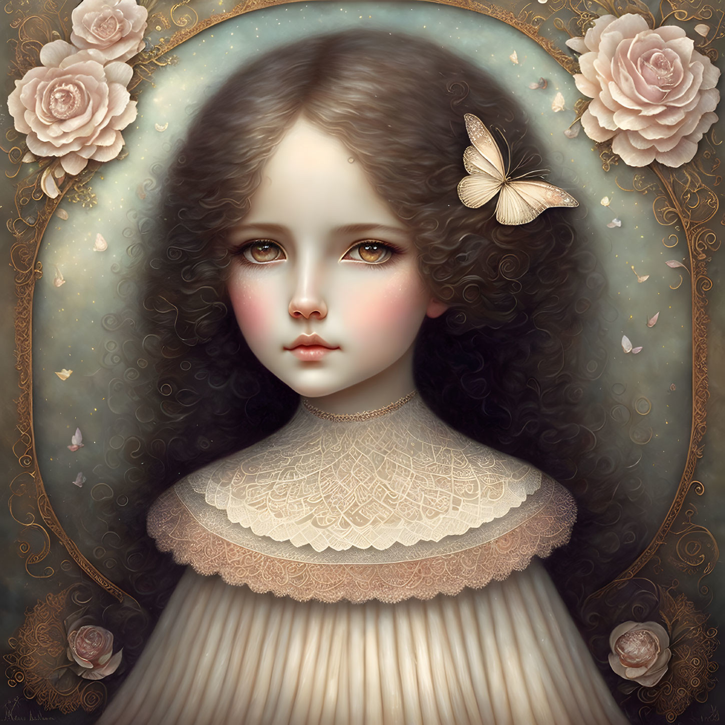 Portrait of a girl with expressive eyes, roses, butterflies, vintage lace, and fantasy vibe